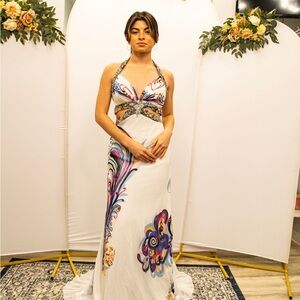 Elegant White and Purple Halter Dress